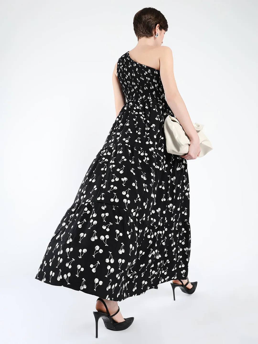 Women's Black Conversational Printed One Shoulder Fit & Flare Maxi Dress Chic Tailoring Design