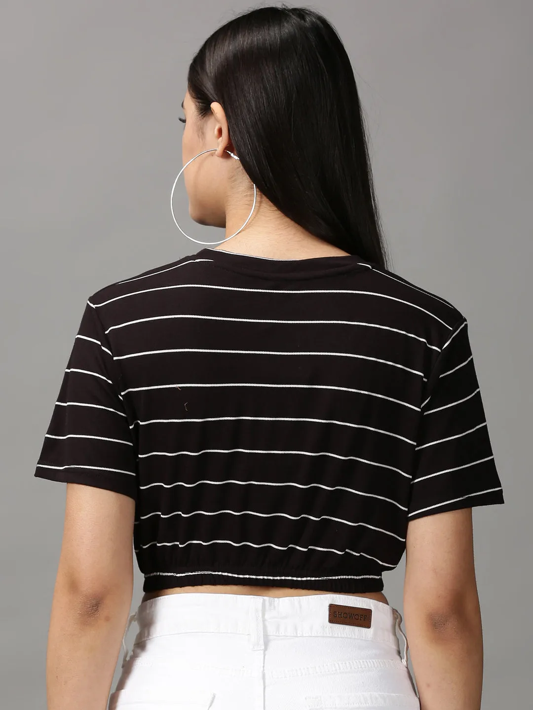 Women's Black Cotton Striped Crop Top High Density Fabric