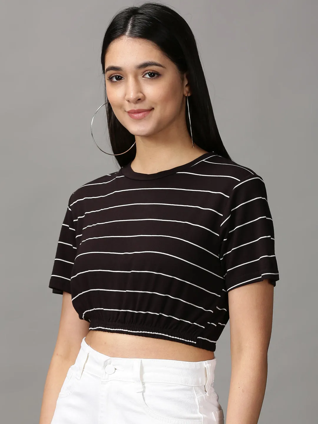 Women's Black Cotton Striped Crop Top Eco Friendly Material Brushed Interior Lining