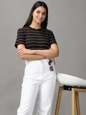 Women's Black Cotton Striped Crop Top Subtle Embroidery Classic Smart