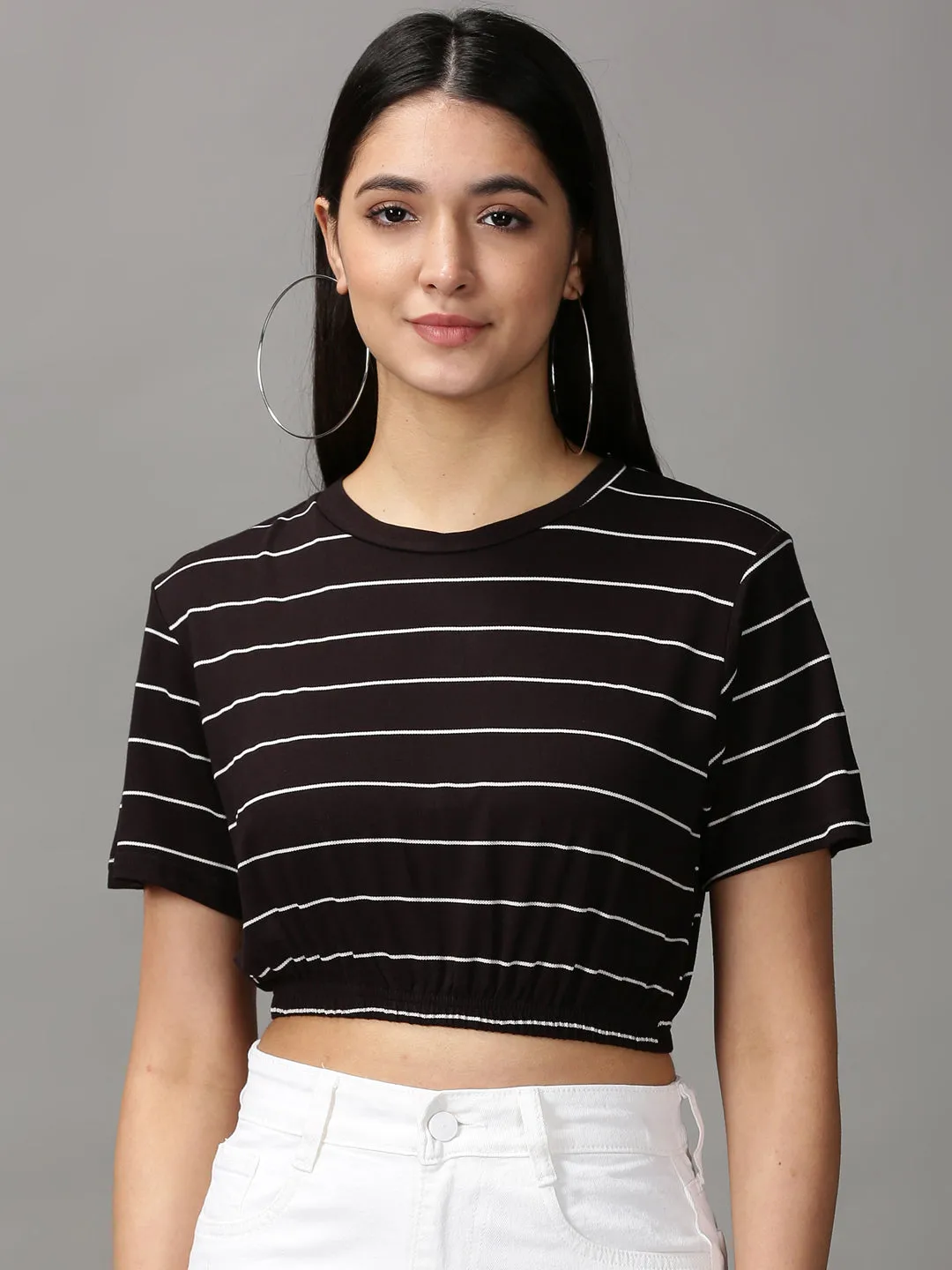 Women's Black Cotton Striped Crop Top Soft Material