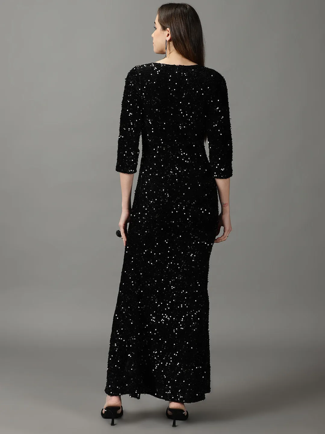 Women's Black Embellished Mermaid Sequin Velvet Sheath Dress Farm Scene