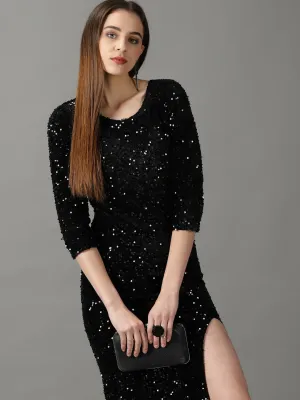 Event Perfect vacation look Women's Black Embellished Mermaid Sequin Velvet Sheath Dress