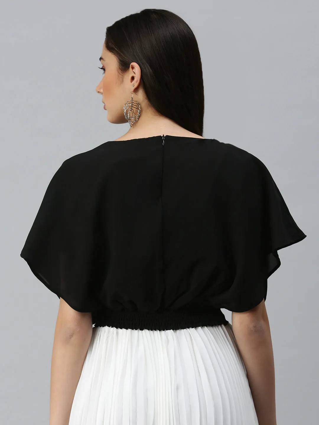 Geometric Print Comfortable and Chic Women's Black Extended Sleeves Monochrome Chiffon Top