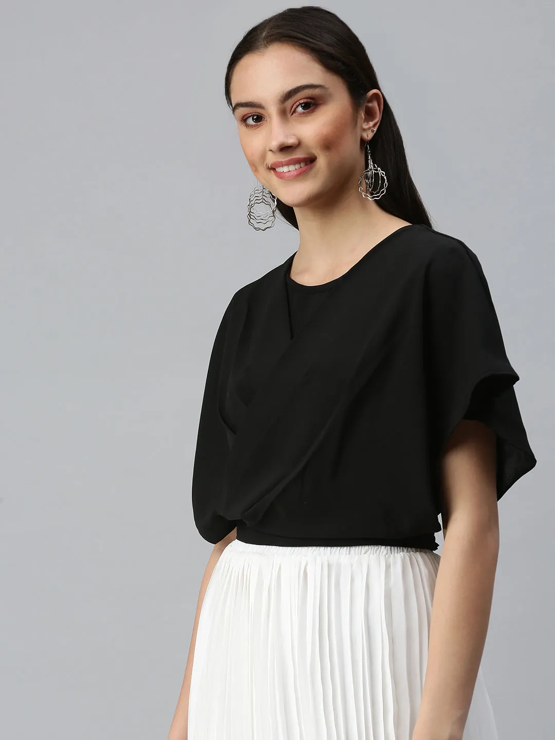 Women's Black Extended Sleeves Monochrome Chiffon Top Casual Essentials Wear