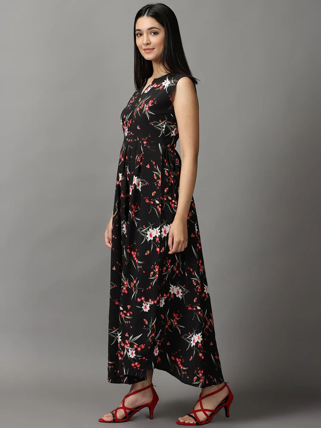 Side-Slit Women's Black Floral Chiffon Fit & Flare Dress