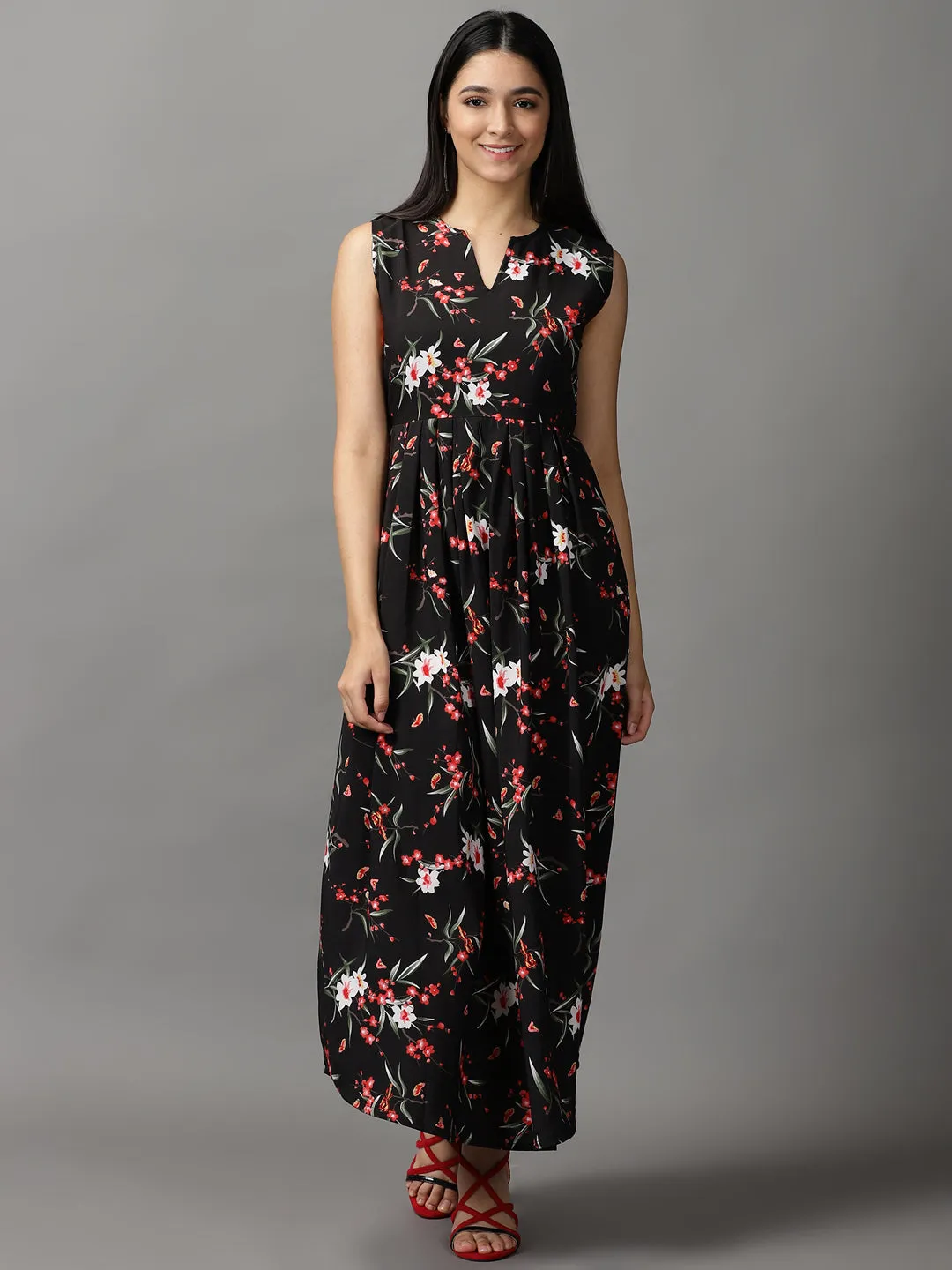 Women's Black Floral Chiffon Fit & Flare Dress Daytime Mood