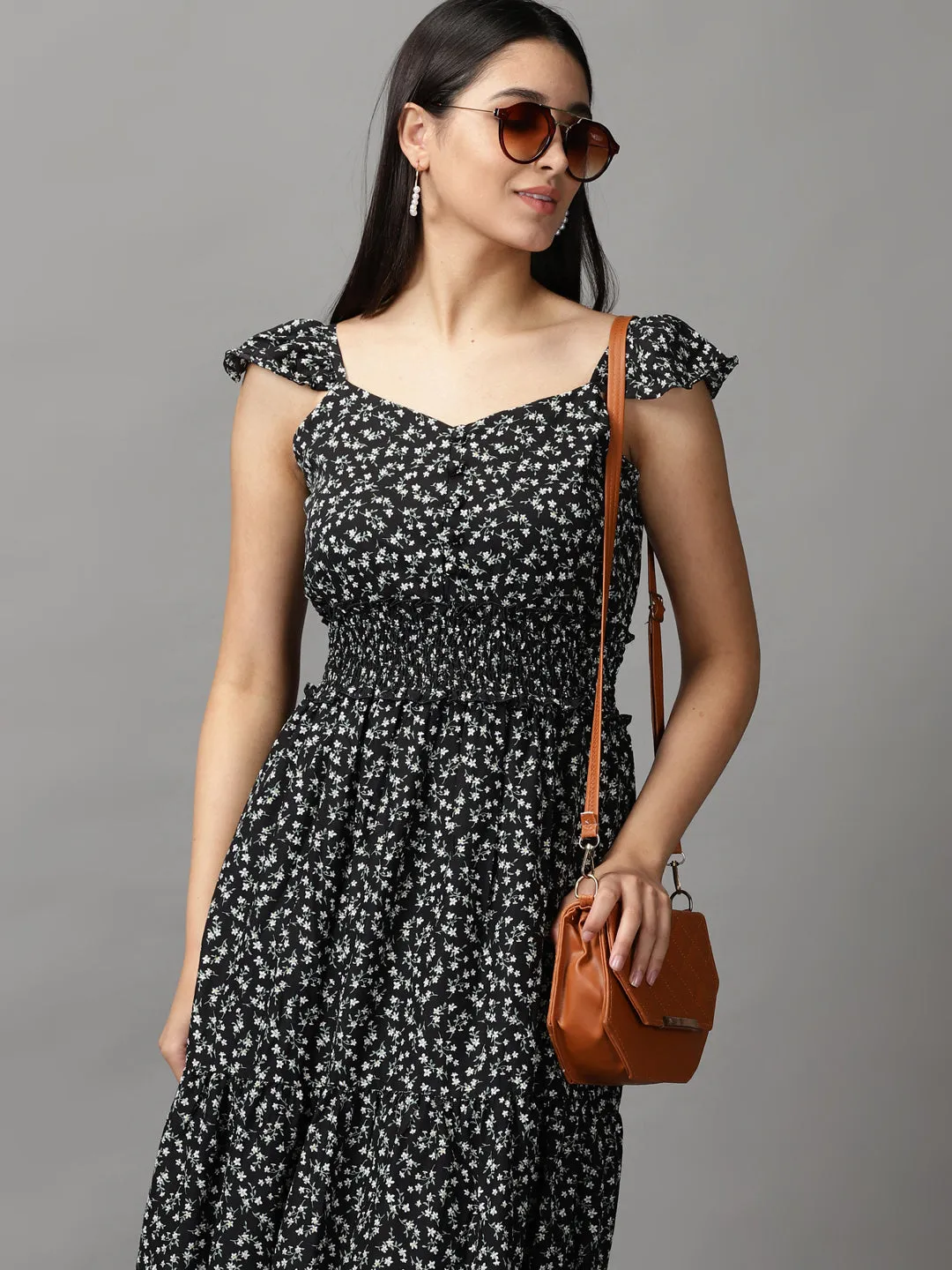 Women's Black Floral Chiffon Fit and Flare Dress Vibrant Look Subtle Finish