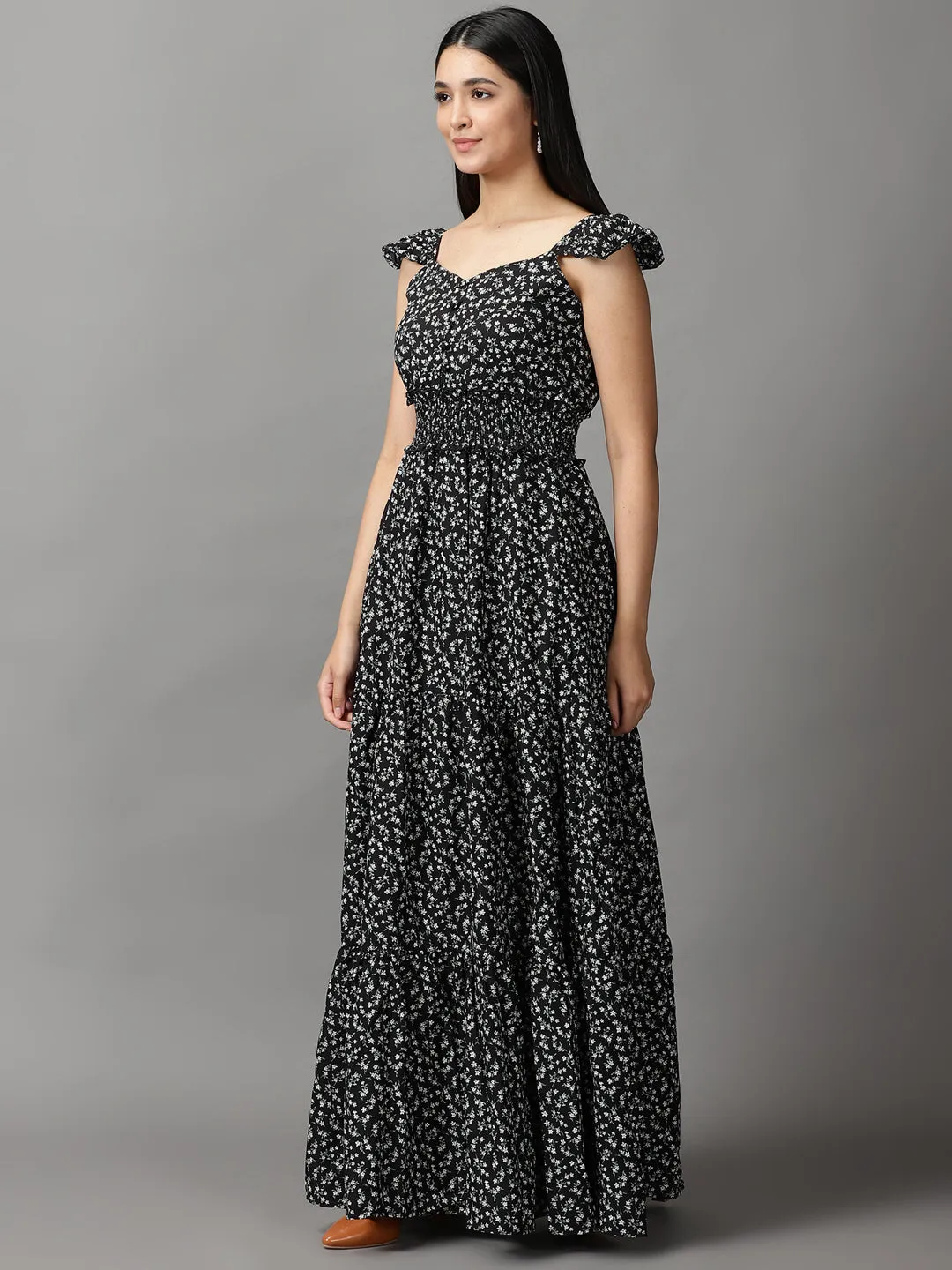 Women's Black Floral Chiffon Fit and Flare Dress Cinched-Waist Edge Shape