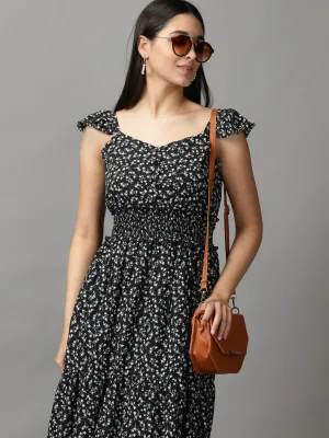 Women's Black Floral Chiffon Fit and Flare Dress Vibrant Look Subtle Finish