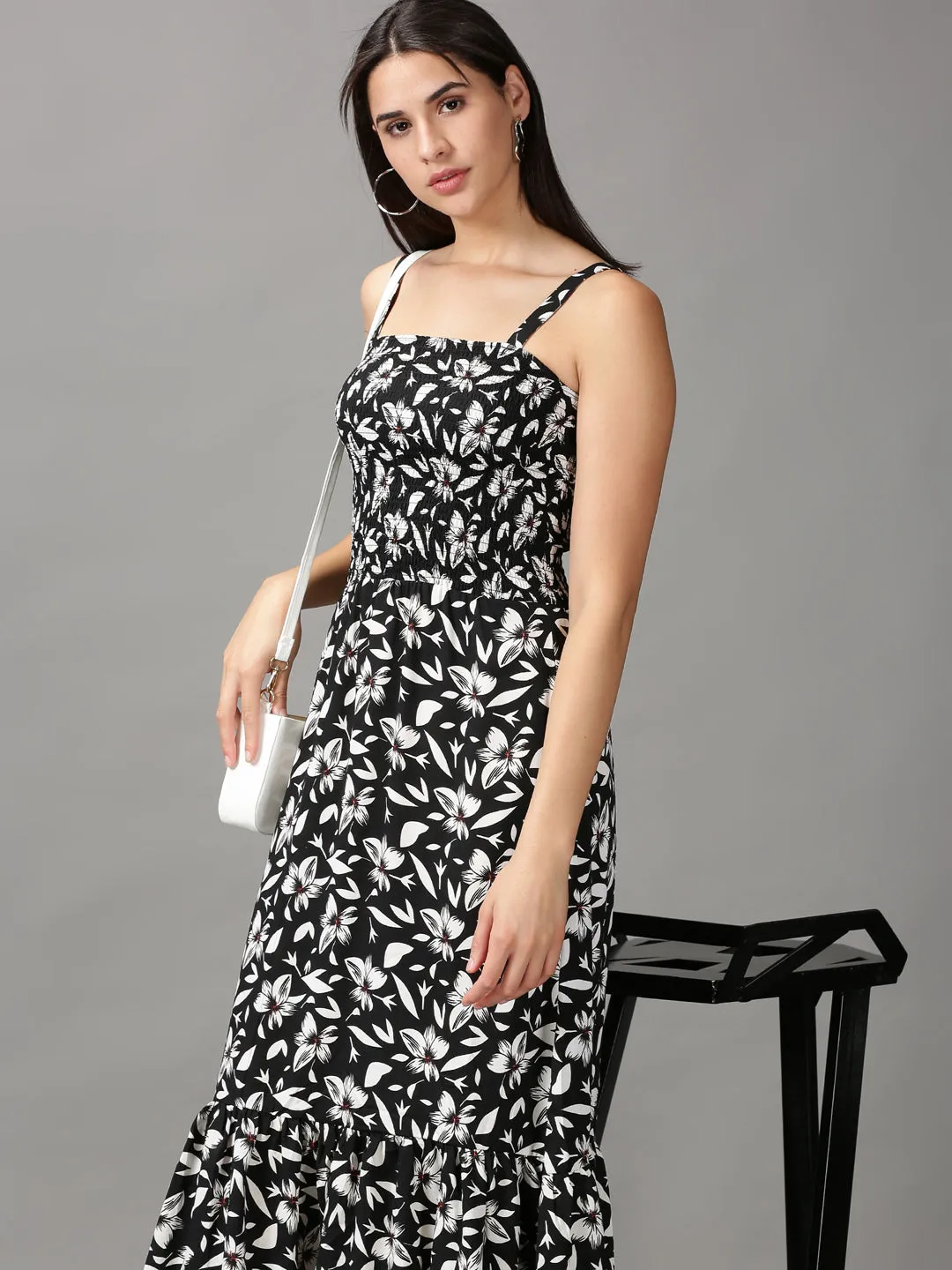 Coral Soft Women's Black Floral Crepe Fit & Flare Midi Dress