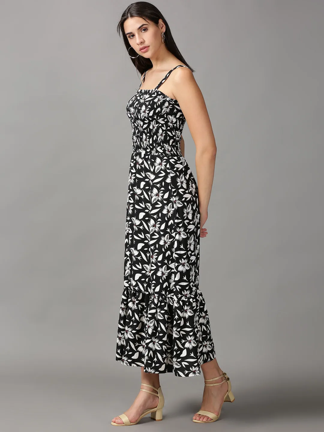 Women's Black Floral Crepe Fit & Flare Midi Dress Relax Style