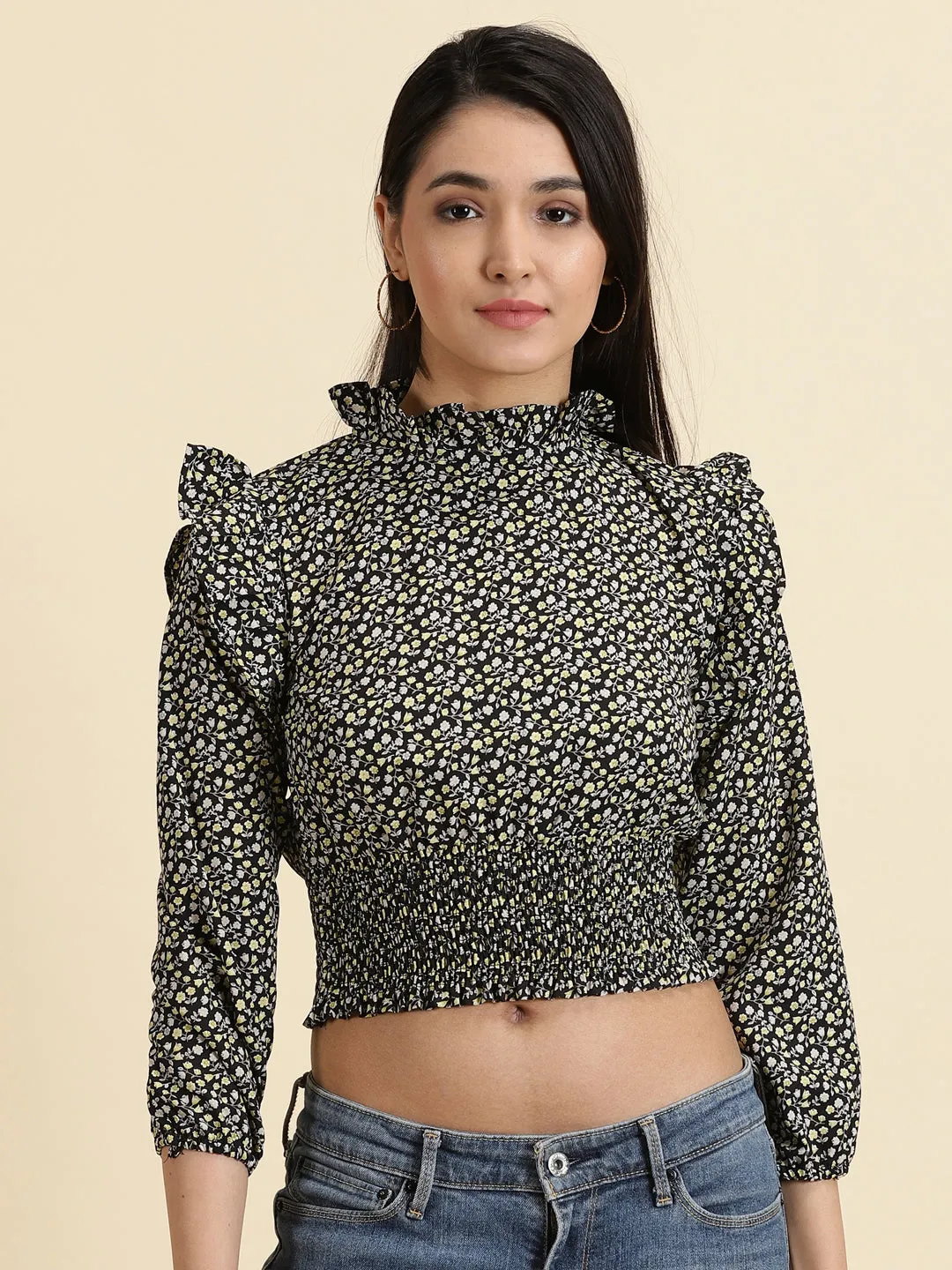 Lightweight Feel Women's Black Floral Print Puff Sleeve Crepe Cinched Waist Crop Top