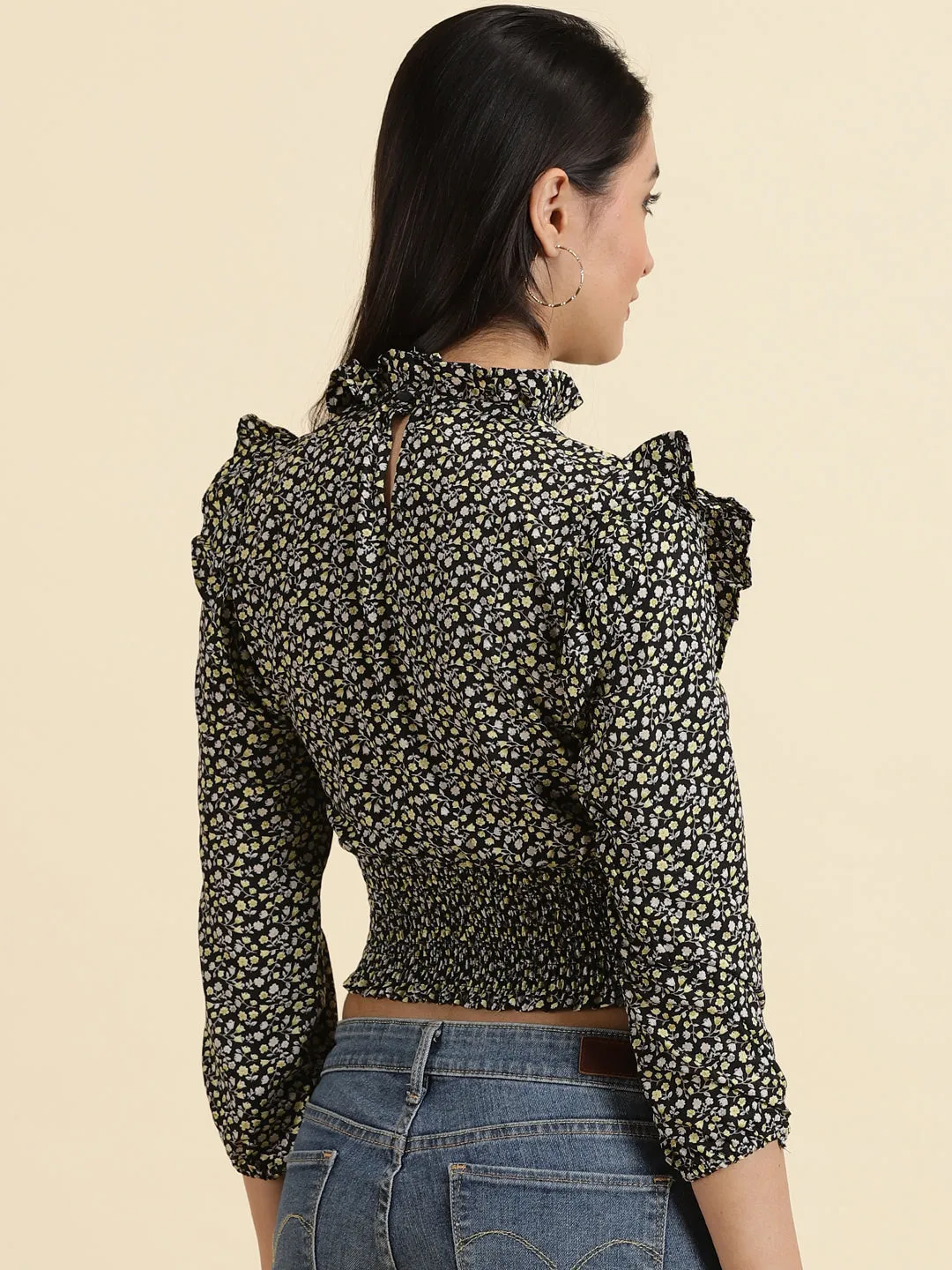 Women's Black Floral Print Puff Sleeve Crepe Cinched Waist Crop Top Good stretch