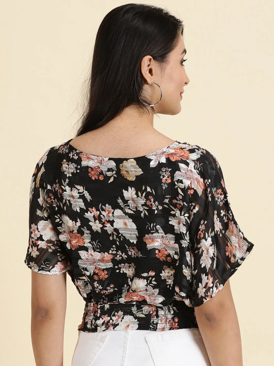 Women's Black Floral Printed Extended Sleeves Smocked Cinched Waist Top MoistureControlFibers