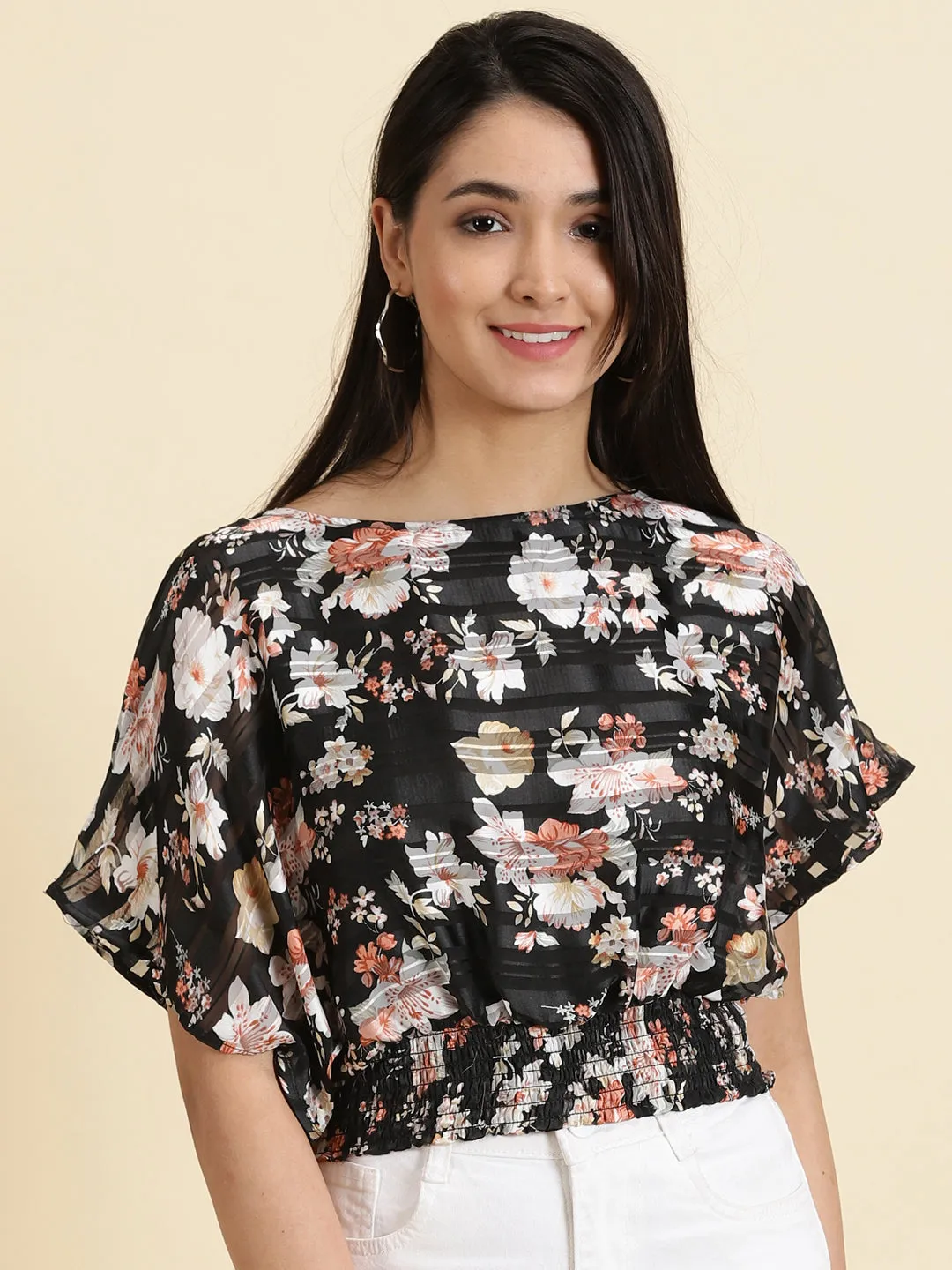 Reinforced Shoulder Stitching right size Women's Black Floral Printed Extended Sleeves Smocked Cinched Waist Top