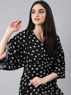 Light Fall Women's Black Floral Printed Flared Sleeve A-Line Dress