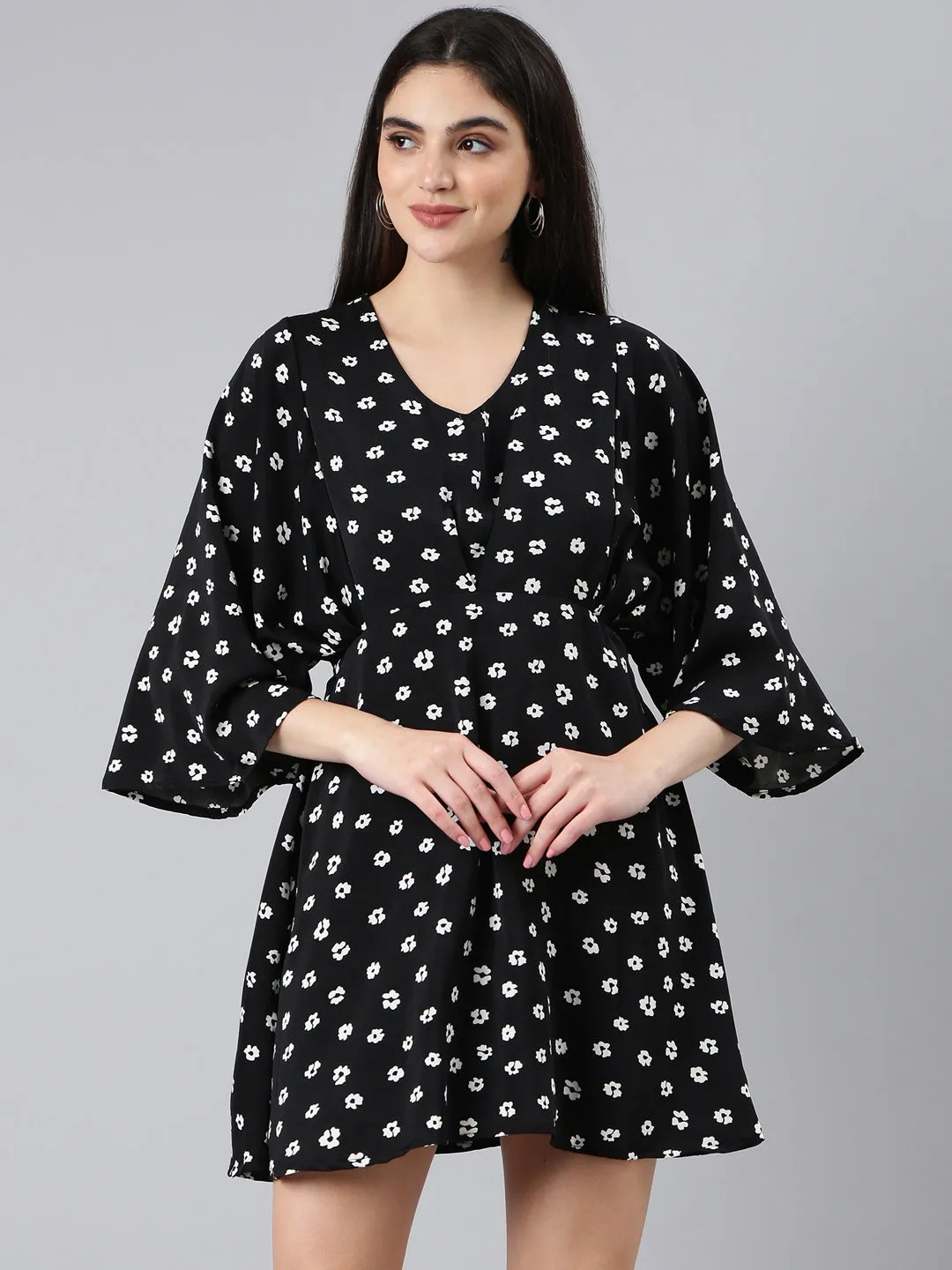Women's Black Floral Printed Flared Sleeve A-Line Dress Smooth Wear