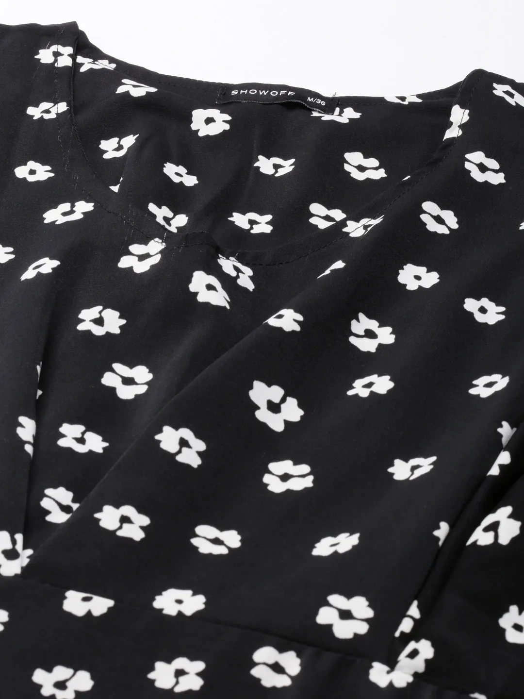 Back Glow Women's Black Floral Printed Flared Sleeve A-Line Dress