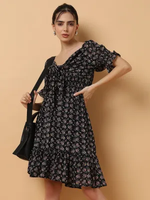 Effortless Style Women's Black Floral Printed Off-Shoulder Tie Up Smocked Chiffon Fit & Flare Dress