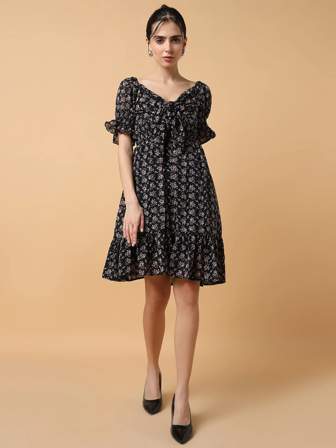 Stay Cool Flowing Lines Women's Black Floral Printed Off-Shoulder Tie Up Smocked Chiffon Fit & Flare Dress