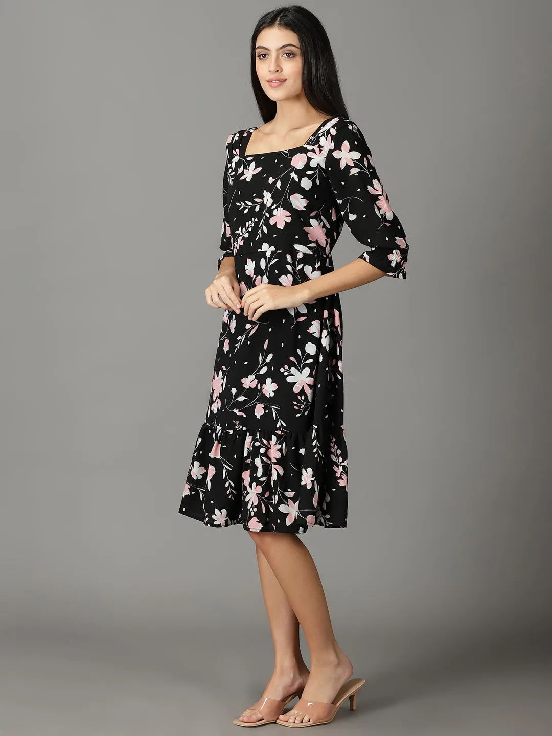 Women's Black Floral Printed Square Neck A-Line Dress Ready Glow Smocked-Detail