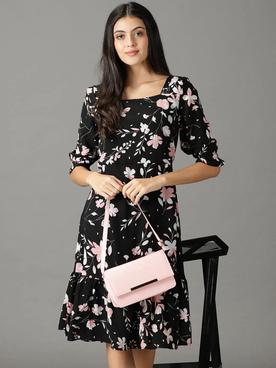 Dark Tones Women's Black Floral Printed Square Neck A-Line Dress