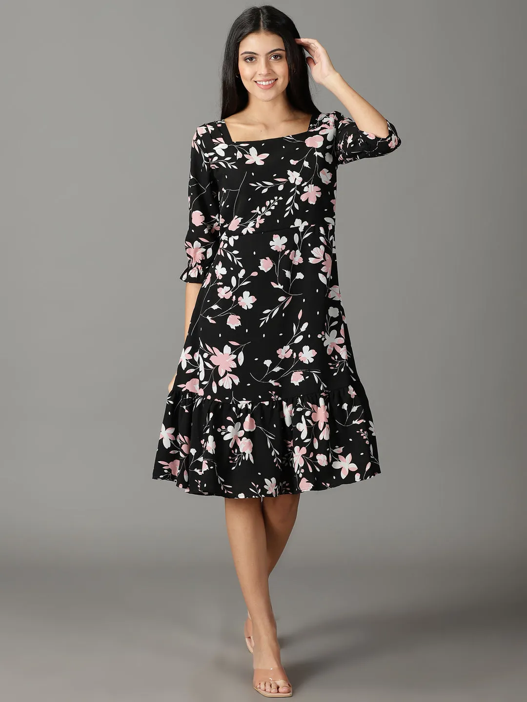 Polished Details Cool Fabric Women's Black Floral Printed Square Neck A-Line Dress