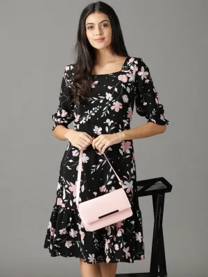 Dark Tones Women's Black Floral Printed Square Neck A-Line Dress