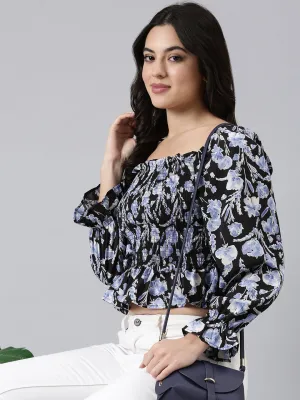 Women's Black Floral Printed Square Neck Puff Sleeves Fitted Crop Top High-End Quality