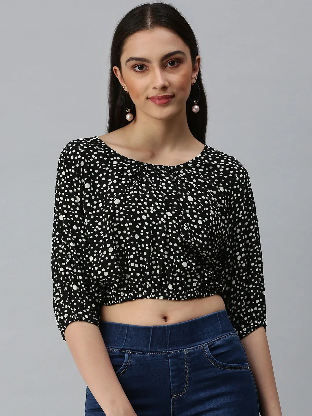 Women's Black Geometric Print Georgette Blouson Crop Top Customer Favorite Abrasion resistant