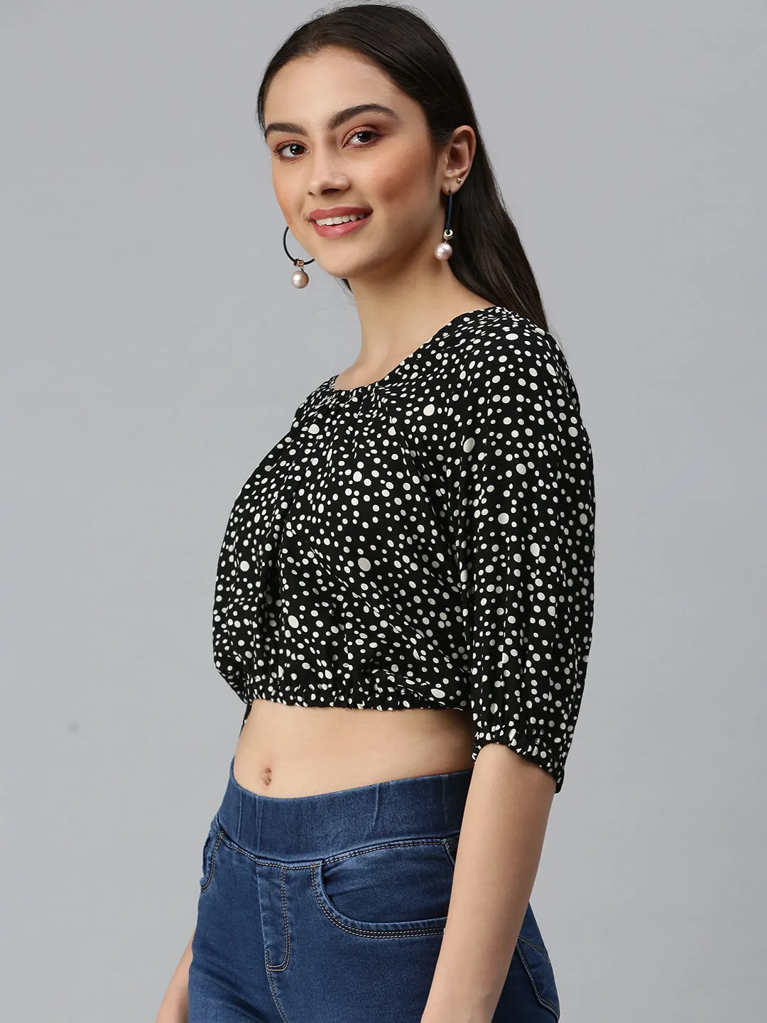 Women's Black Geometric Print Georgette Blouson Crop Top Seasonal Fashion Heathered Texture