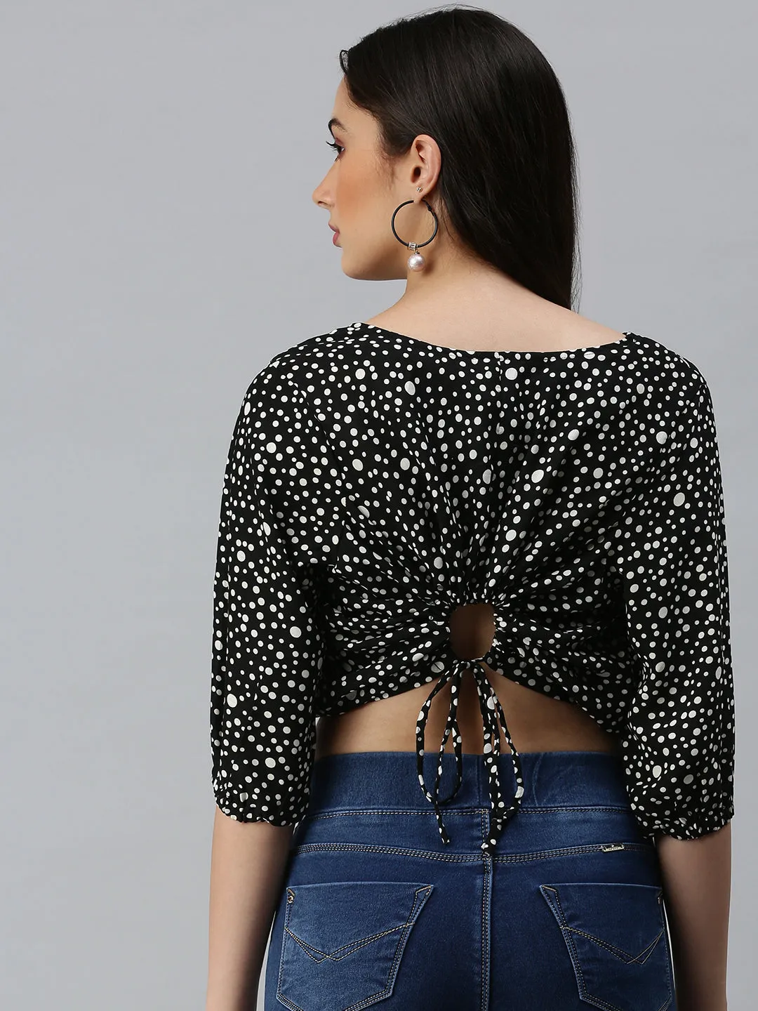 Light Flex Fit Women's Black Geometric Print Georgette Blouson Crop Top