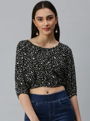 Women's Black Geometric Print Georgette Blouson Crop Top Customer Favorite Abrasion resistant