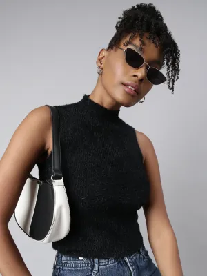 baby shower AntiPilling Women's Black High Neck Faux Fur Trim Fitted Top