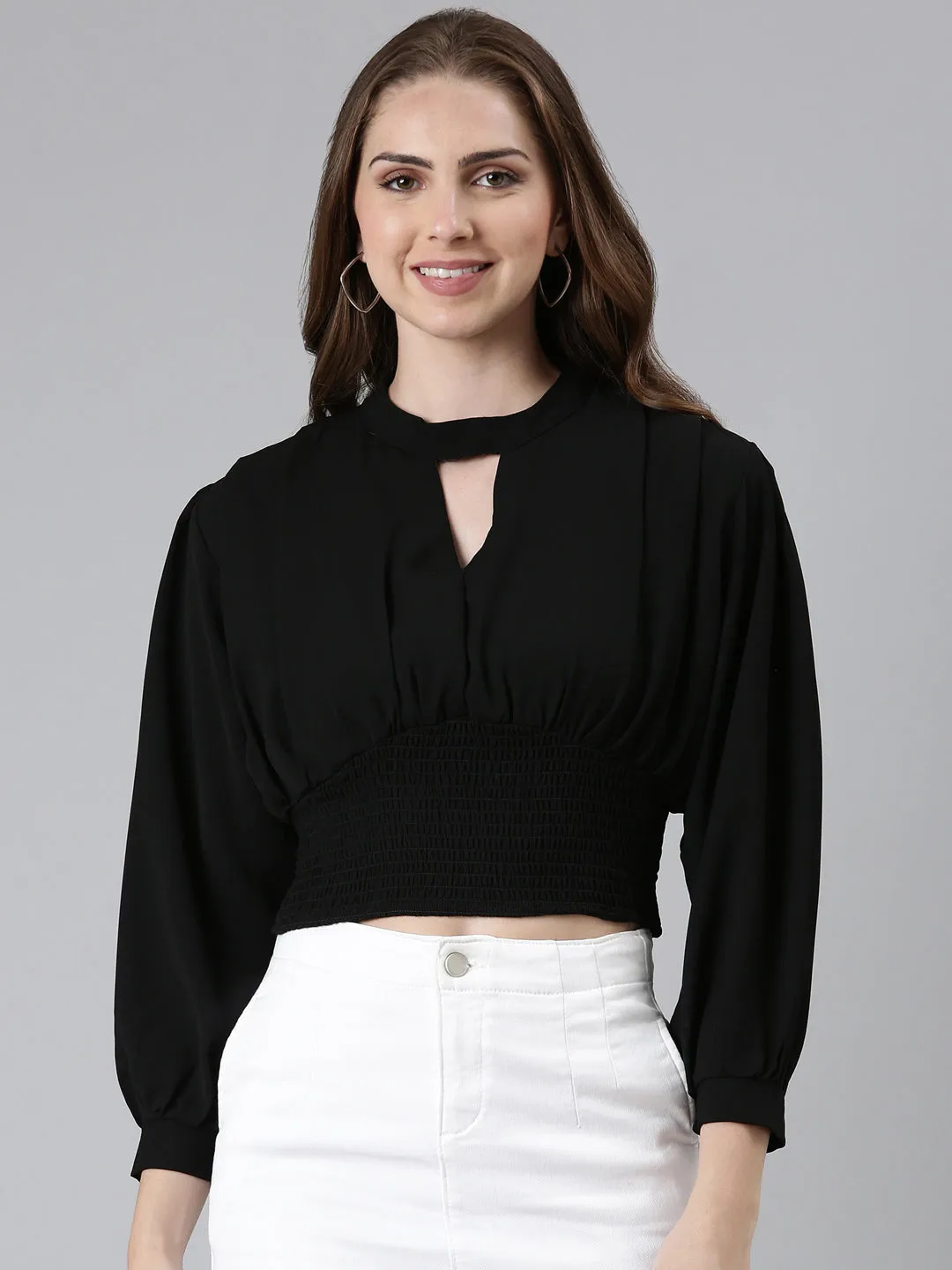 Soft Knit Breathable Performance Women's Black Keyhole Neck Bishop Sleeve Smocked Blouson Crop Top