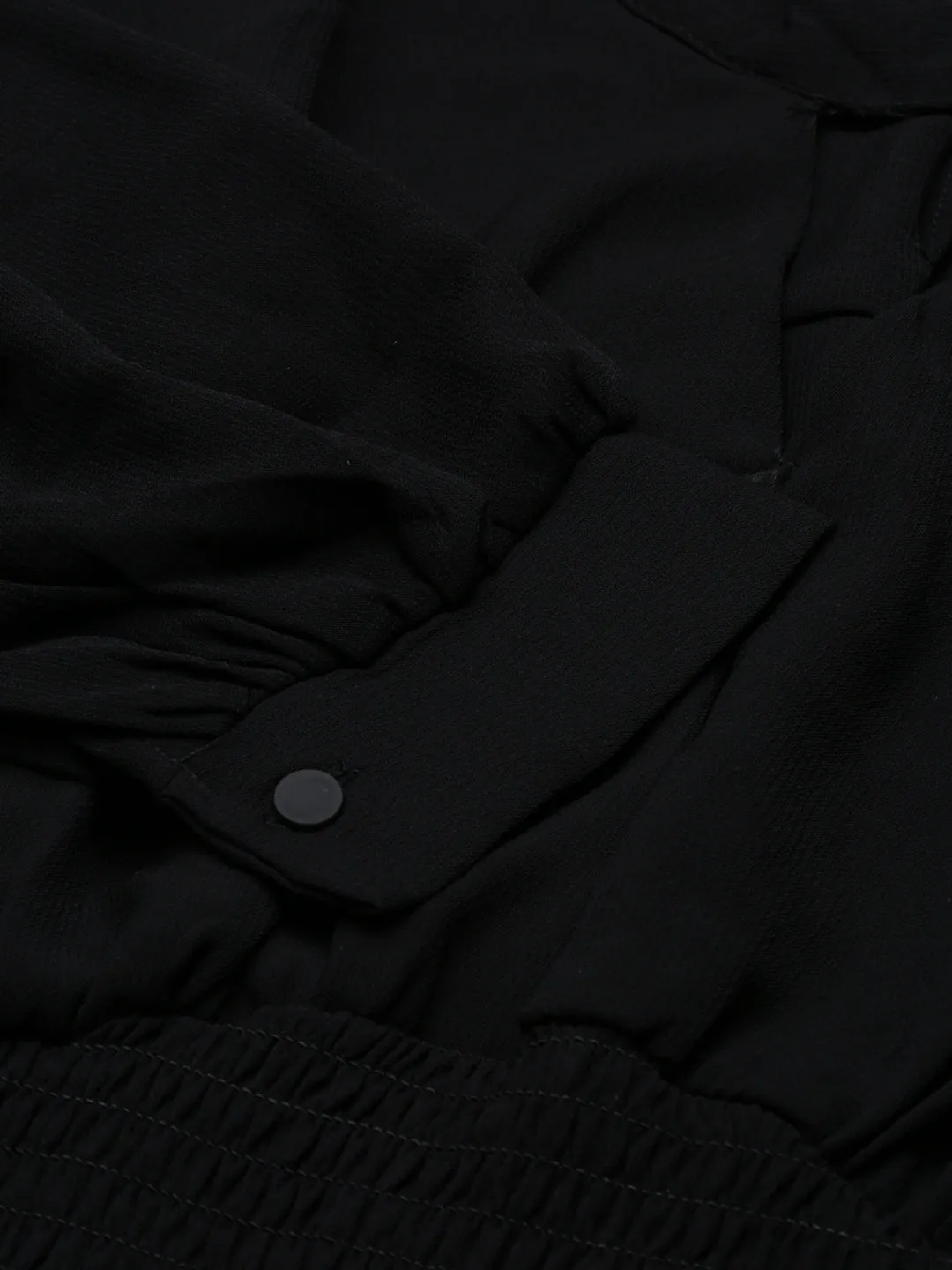 Soft Lining Women's Black Keyhole Neck Bishop Sleeve Smocked Blouson Crop Top