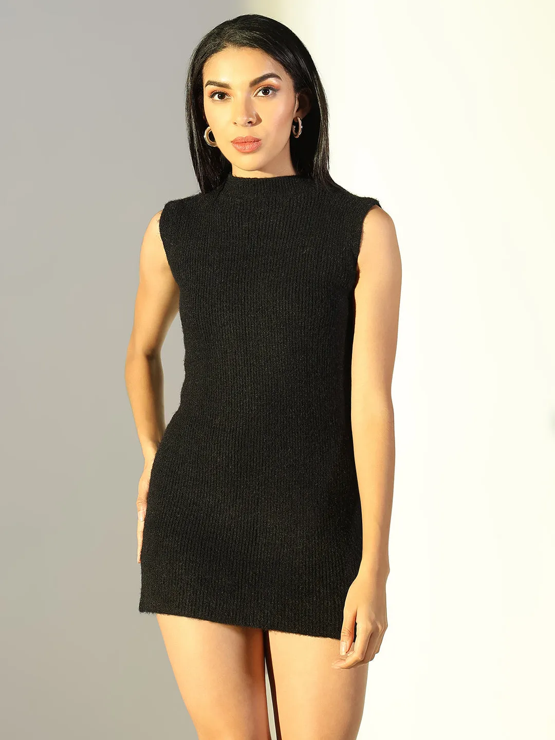 Curvy Glam Women's Black Mock Neck Mini Jumper Dress