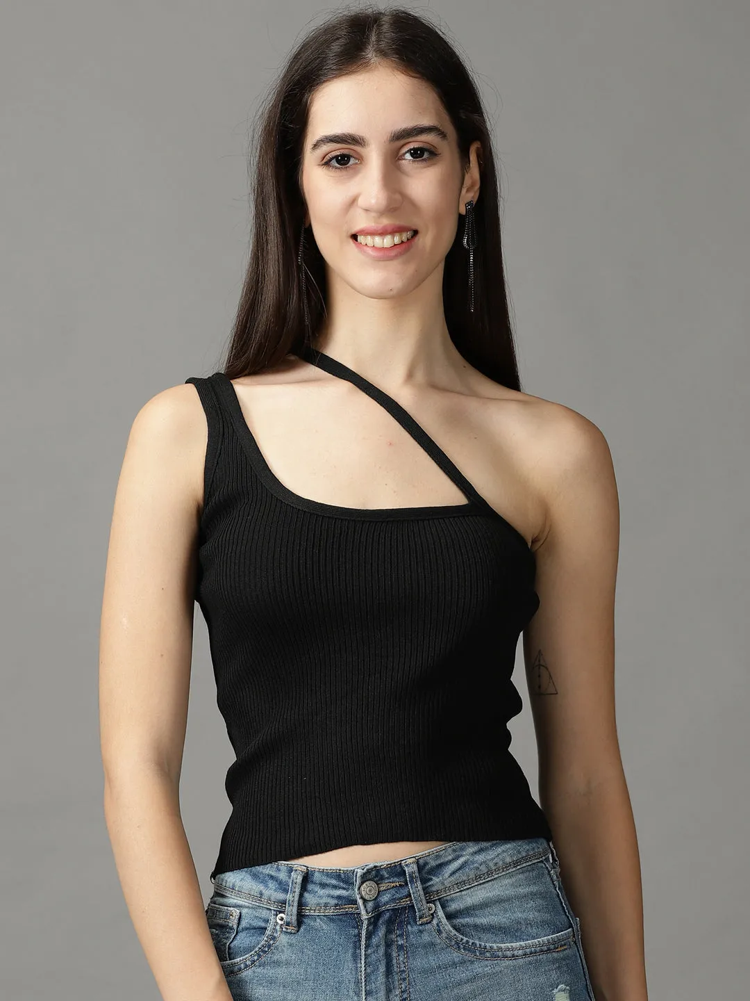Bold and Comfortable Distressed Hem Finish Women's Black One Shoulder Crop Top