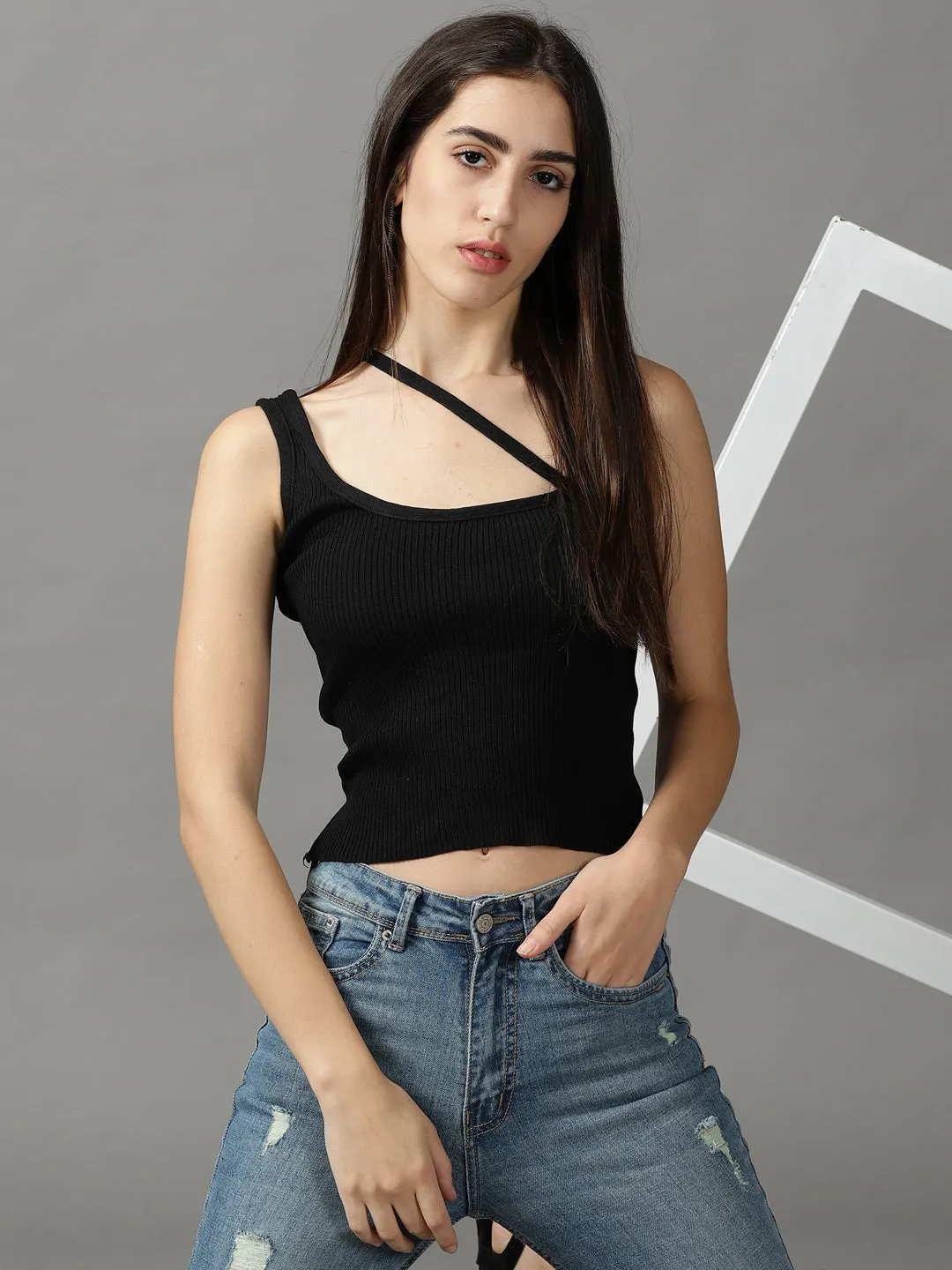 Minimalist Design Minimalist purity Women's Black One Shoulder Crop Top