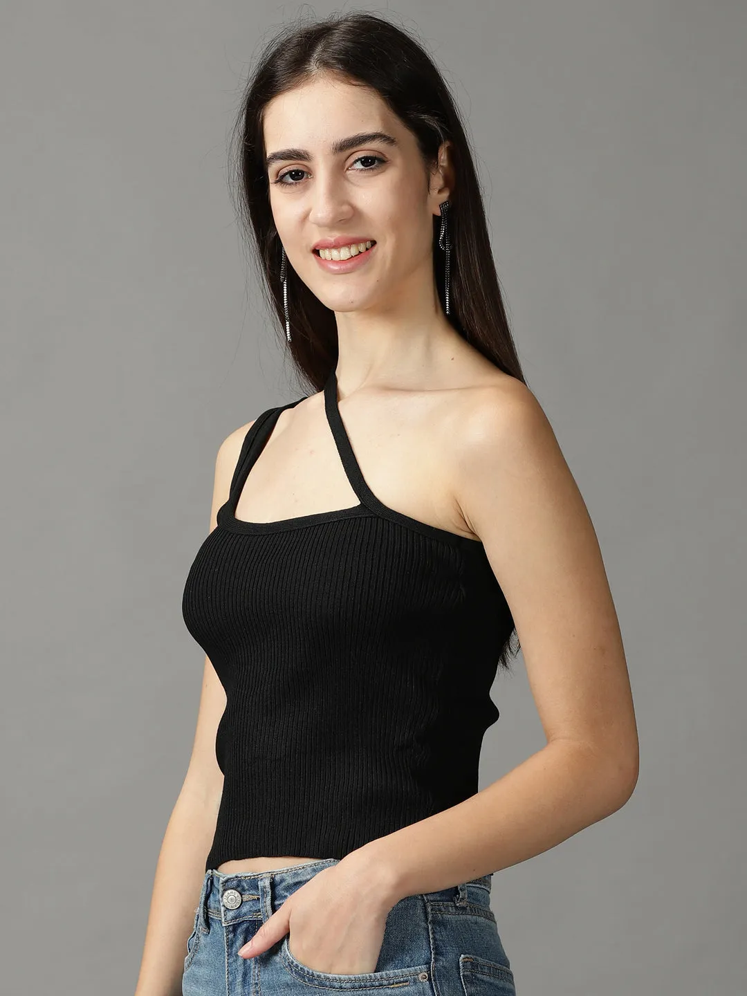 Evergreen Practical Design Women's Black One Shoulder Crop Top