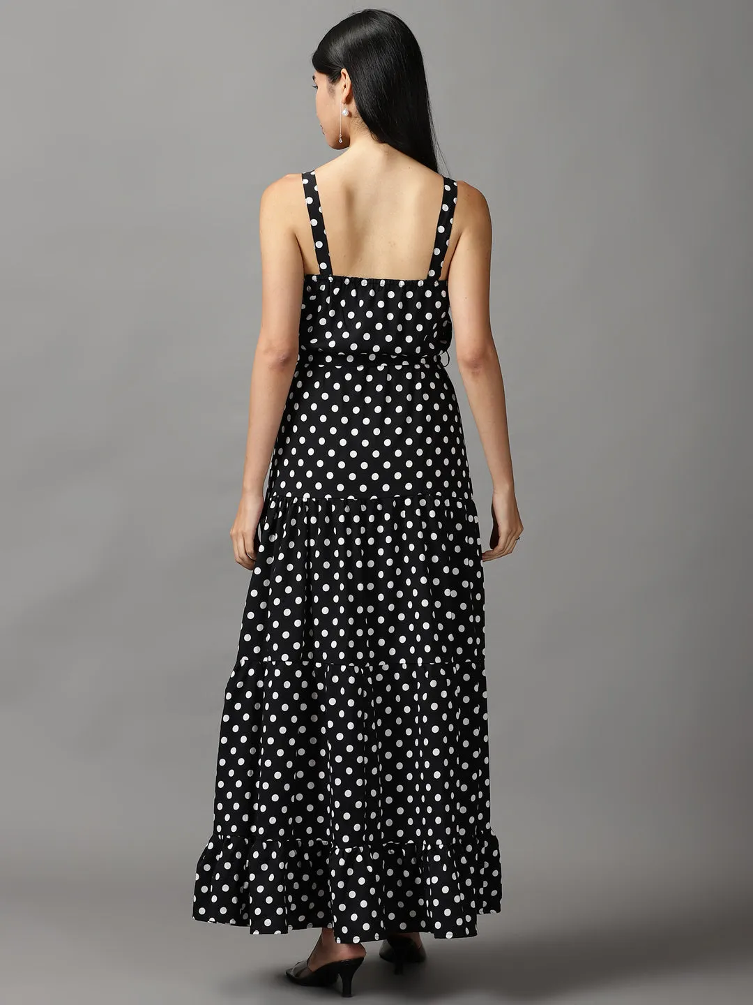 Smooth Texture Women's Black Polka Dots Printed Fit and Flare Maxi Dress