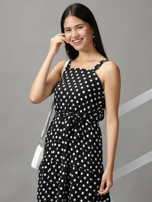 Sister Glow Women's Black Polka Dots Printed Fit and Flare Maxi Dress