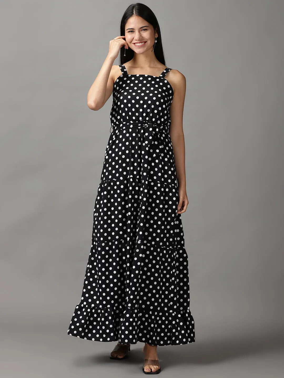 understated look A-Line Women's Black Polka Dots Printed Fit and Flare Maxi Dress