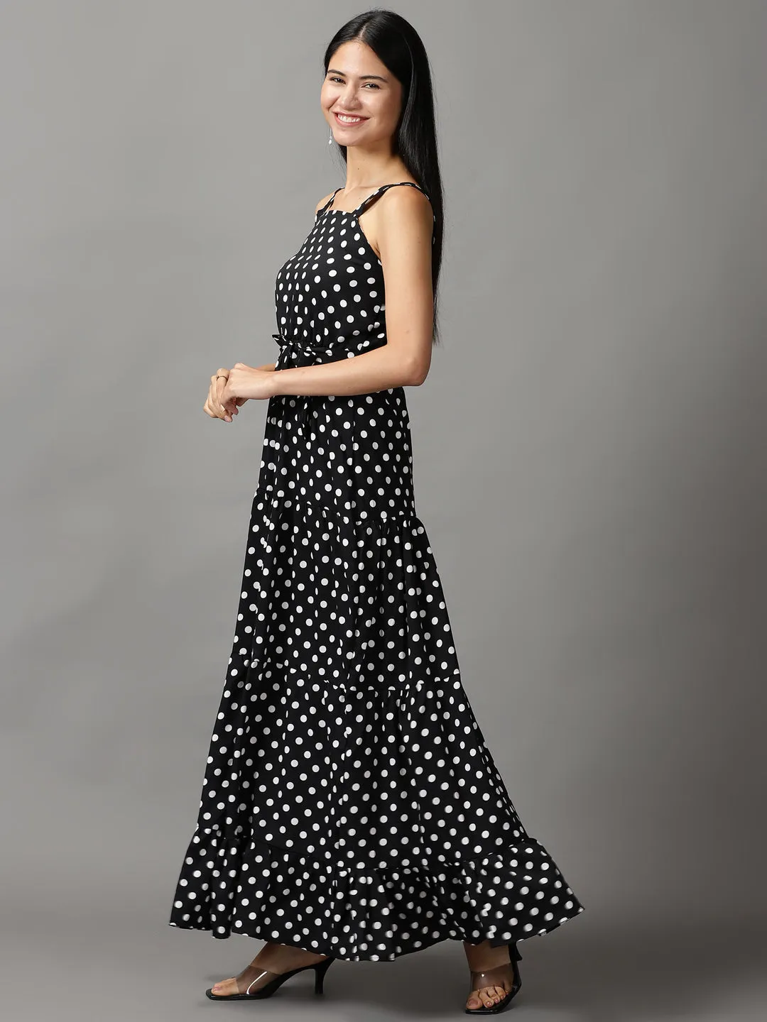 Women's Black Polka Dots Printed Fit and Flare Maxi Dress Chill Vibes