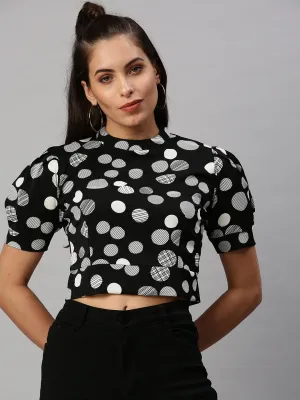 Women's Black Print Crepe Crop Top Tight Fit
