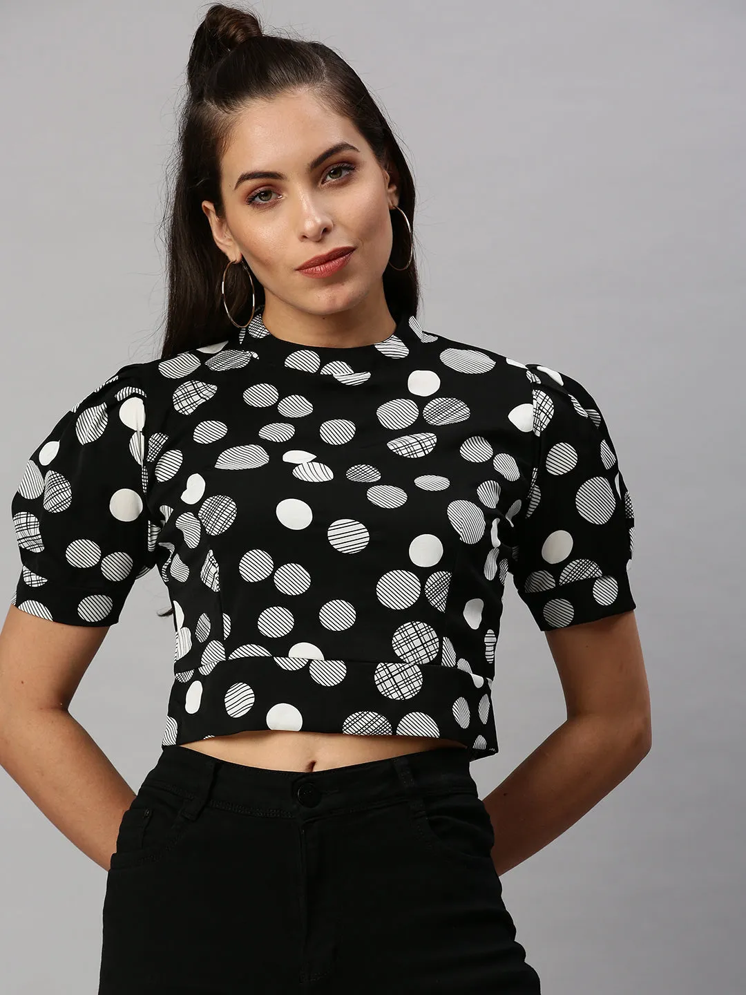 Women's Black Print Crepe Crop Top Tight Fit