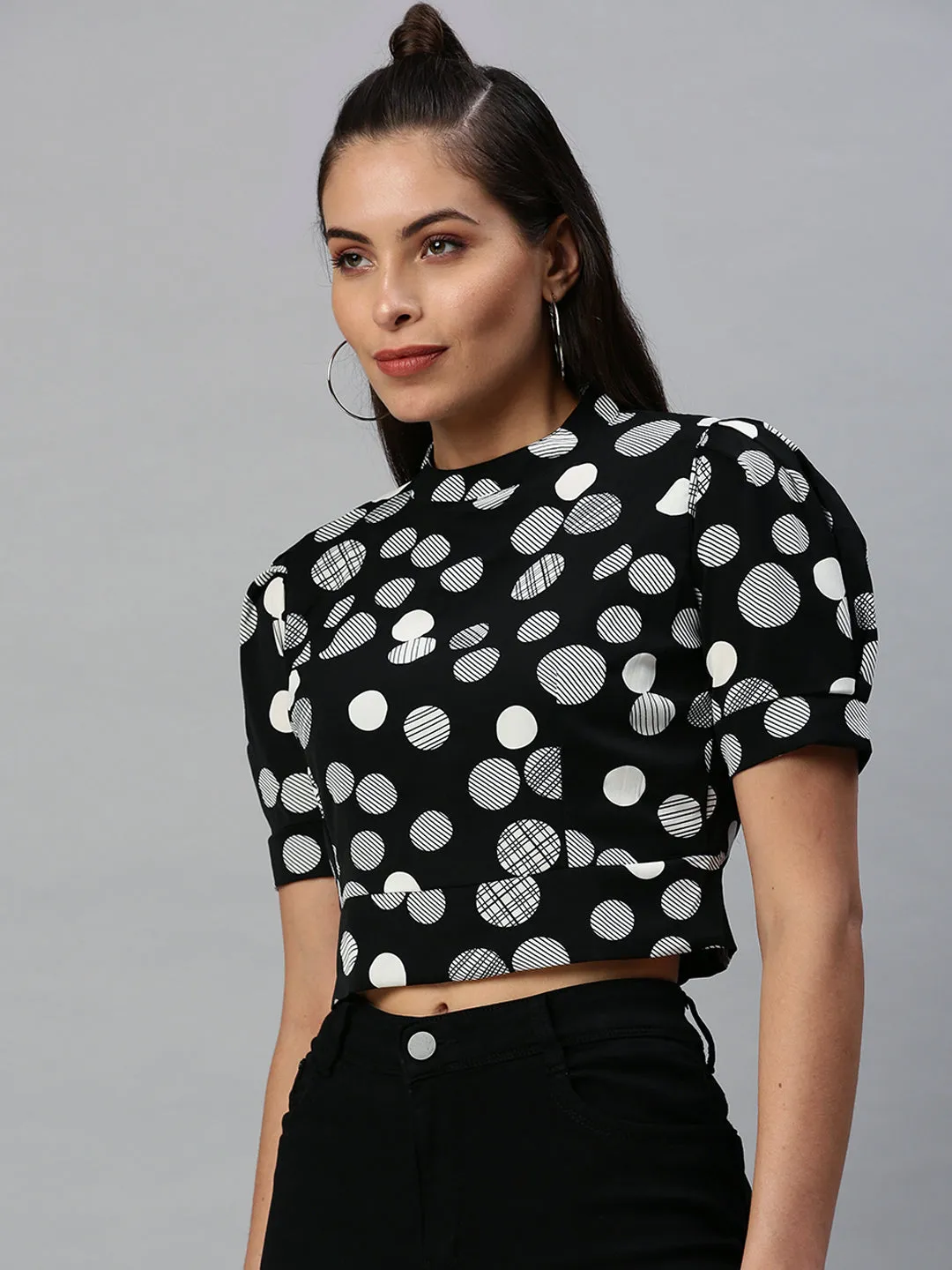 Women's Black Print Crepe Crop Top Comfy Stretch Fit