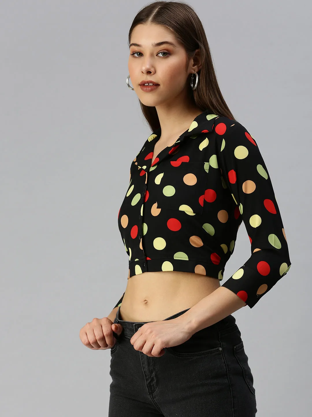 Minimalist fashion Women's Black Print Crepe Shirt Style Crop Top
