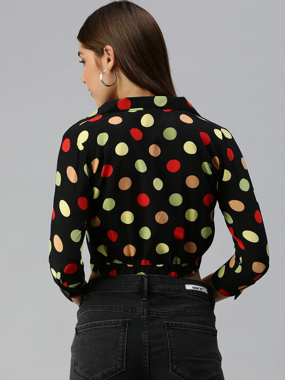 LongLastingColor Soft Lining Women's Black Print Crepe Shirt Style Crop Top
